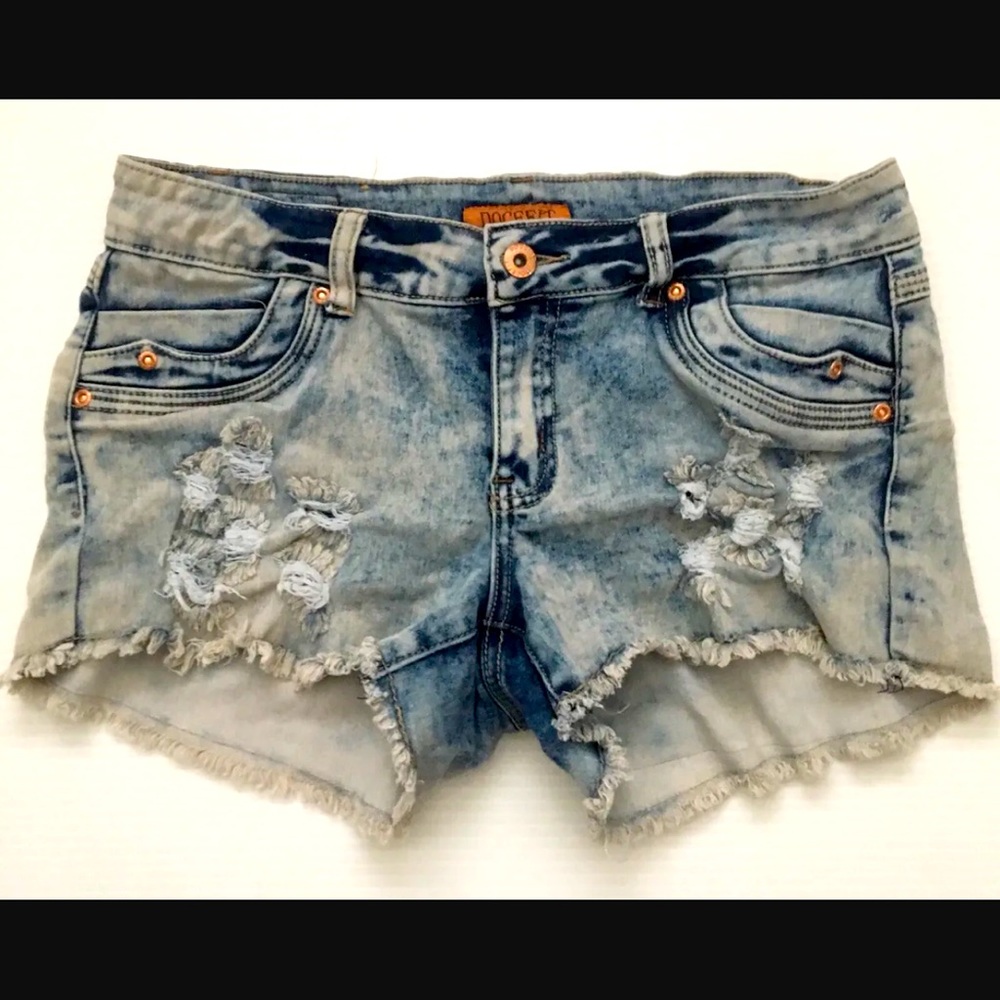 DoceFit Distress Denim Mini Shorts One Button Closure Shorts Sizes 36